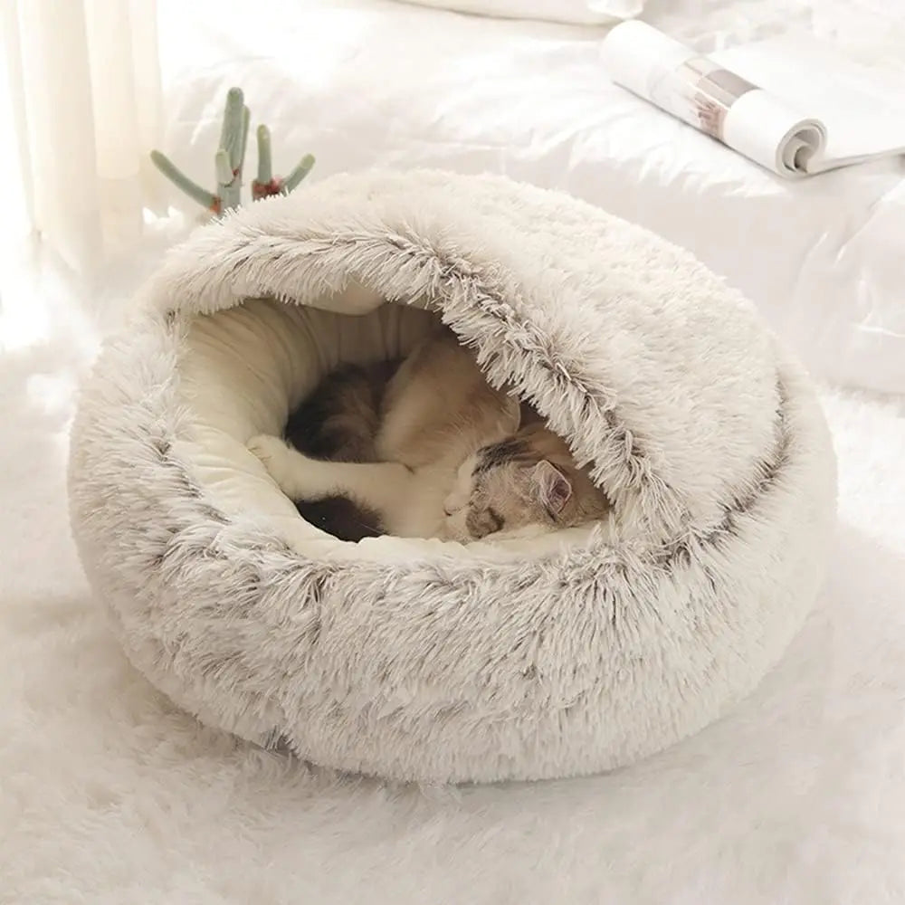 Plush Round Cat Bed – 2-in-1 Sleeping Bag Nest