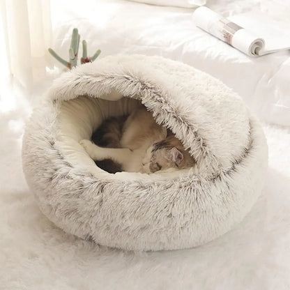 Plush Round Cat Bed – 2-in-1 Sleeping Bag Nest
