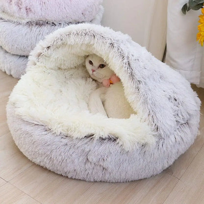 Plush Round Cat Bed – 2-in-1 Sleeping Bag Nest