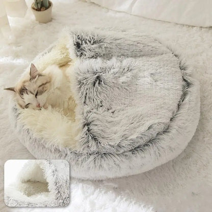 Plush Round Cat Bed – 2-in-1 Sleeping Bag Nest