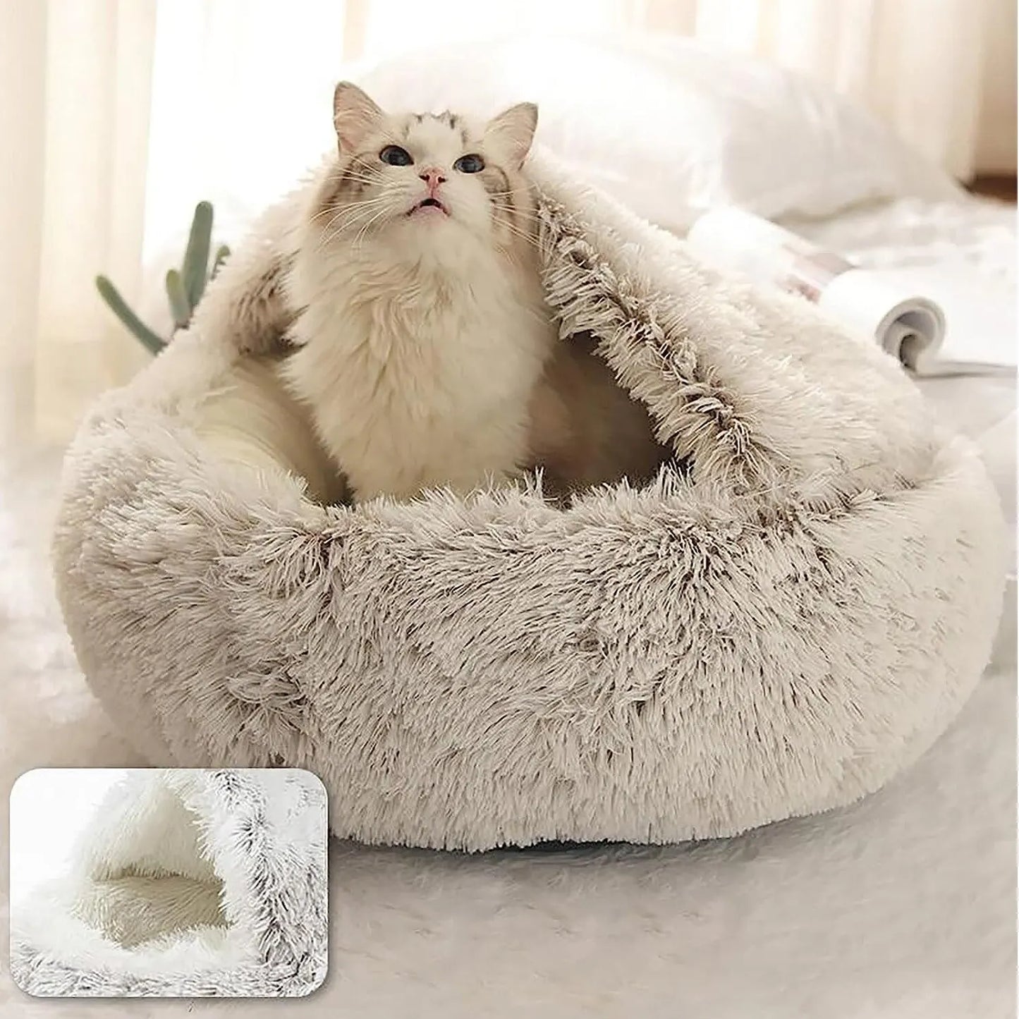 Plush Round Cat Bed – 2-in-1 Sleeping Bag Nest